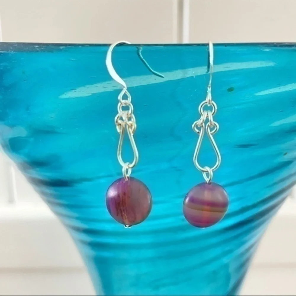 2/$29 Handmade Purple Swirl Glass Bead Dangle Earrings Hand-turned Wire Links - Picture 4 of 4